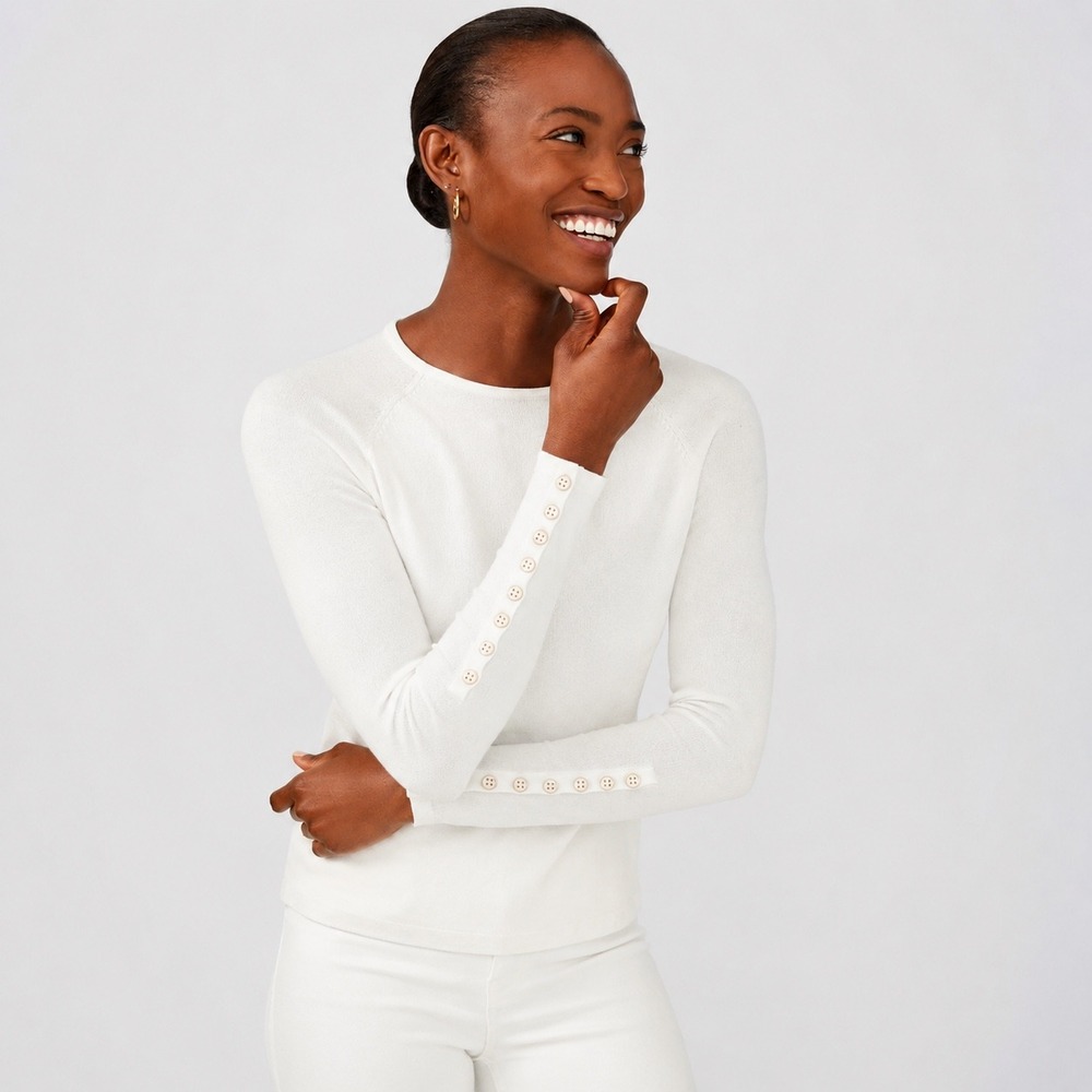 J.McLaughlin Womens White Cotton Modal Button Cuff Long Sleeve Sweater Size M